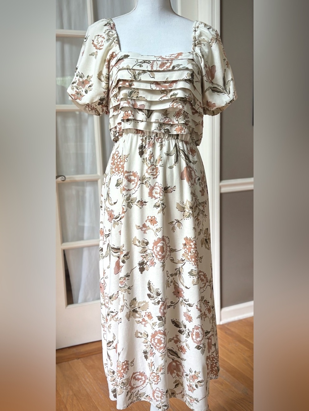 Lark + Grey Floral Midi Dress Cottagecore Puff Sleeve Smocked Back S